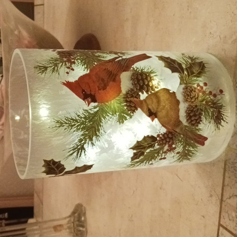 Holiday hurricane/vase 8" frosted glass w/ cardinals, by Valeri/Qvc,w-lights,New - Picture 16 of 16